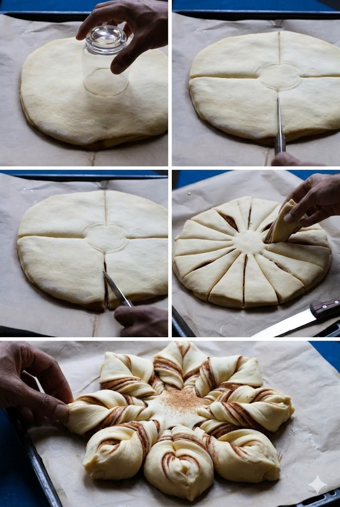 Step-by-step shaping guide showing how to mark the center, cut 16 strips, twist pairs outward, and form the 8-point star shape