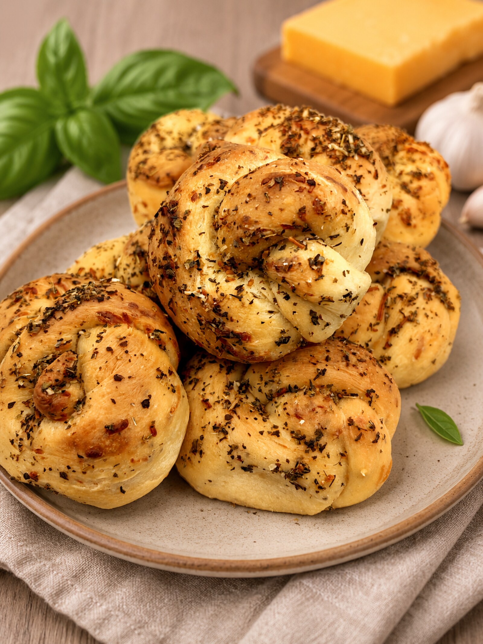 Garlic Cheddar Basil Sourdough Knots - finished bread