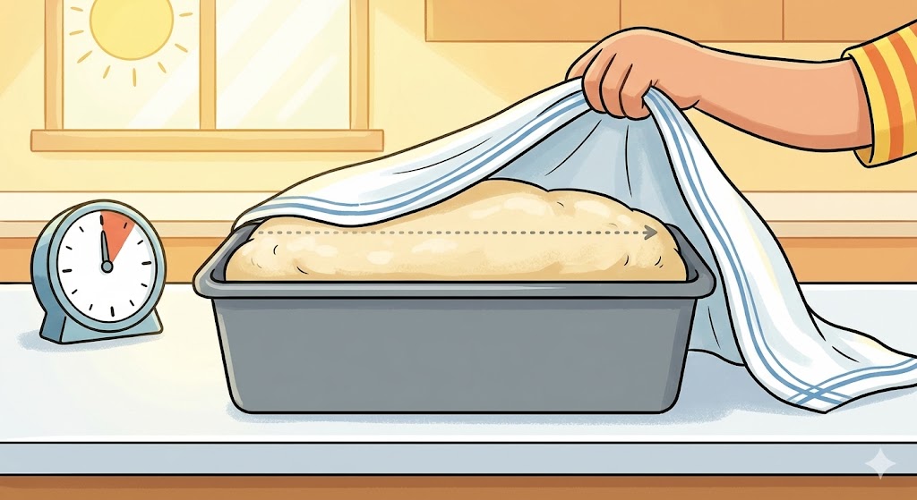 Cartoon illustration of dough in a loaf pan that has risen just above the rim, covered with a towel being lifted to check