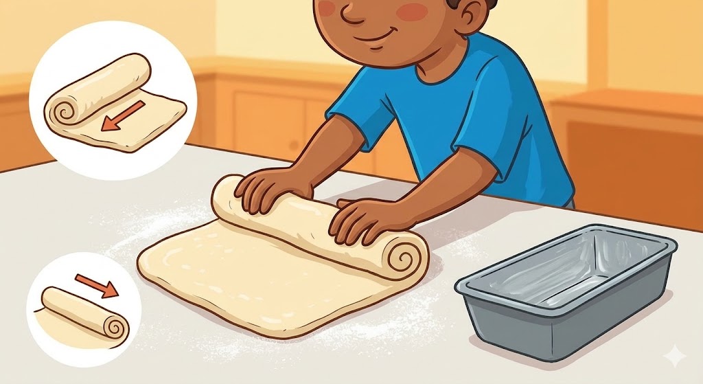 Cartoon illustration of a child rolling dough into a log shape and placing it into a greased loaf pan