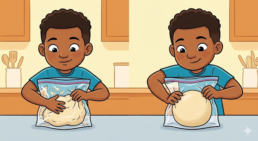 Cartoon illustration of a child squishing a zip-top bag with dough inside, the dough pulling away from the bag walls into a ball