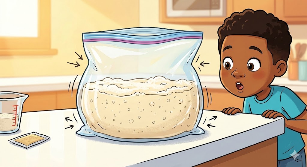 Cartoon illustration of a sealed zip-top bag puffing up with gas as yeast activates inside, showing bubbly batter