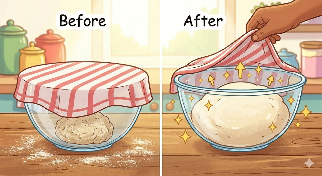 Cartoon illustration showing dough in a bowl, small then doubled in size