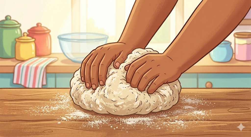 Cartoon illustration of a child kneading pizza dough on a floured surface