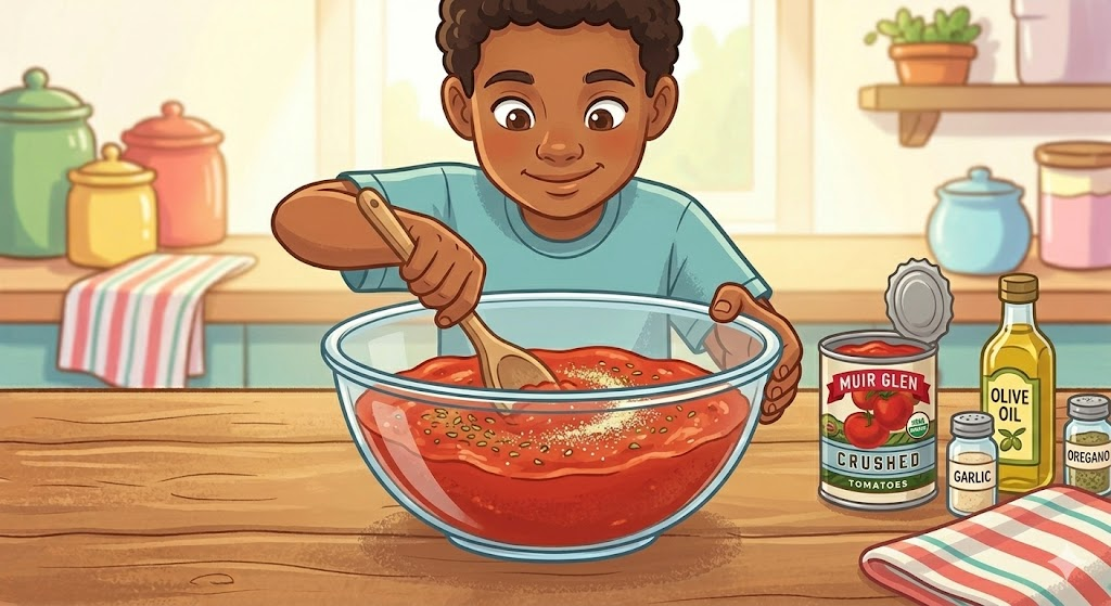 Cartoon illustration of a child stirring pizza sauce in a bowl with crushed tomatoes, olive oil, and spices nearby