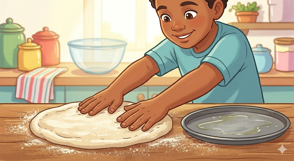 Cartoon illustration of a child pressing pizza dough flat with their fingertips