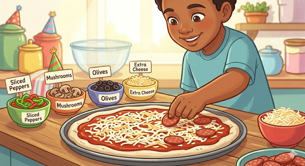 Cartoon illustration of a child adding toppings to a pizza, with a topping bar in the background