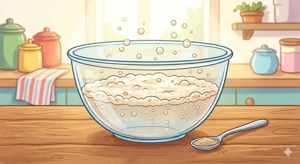 Cartoon illustration of yeast bubbling in warm water in a bowl