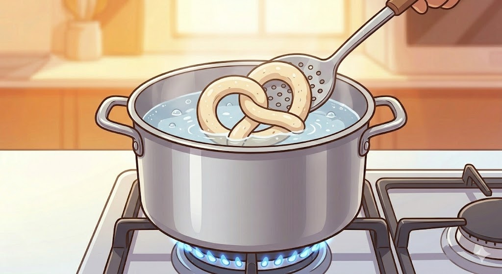 Cartoon illustration of a pretzel being lowered into a pot of bubbling baking soda water with an adult supervising