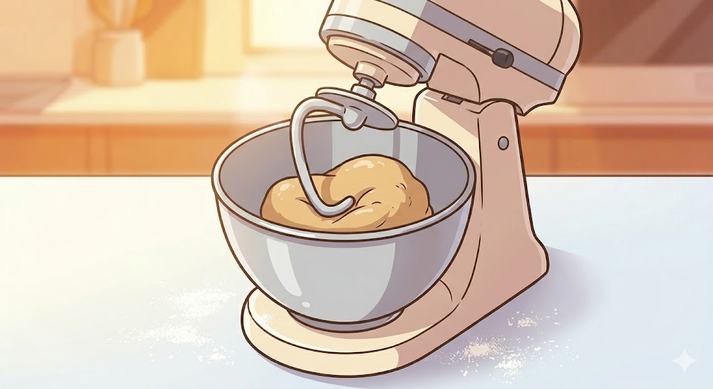 Cartoon illustration of a child kneading pretzel dough on a floured surface