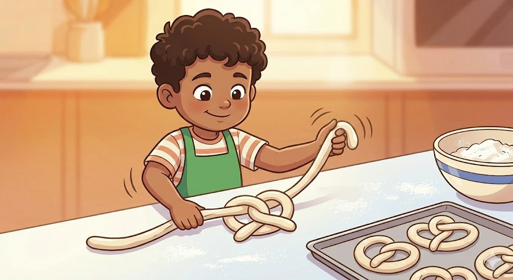 Cartoon illustration of a child rolling pretzel dough into a long rope on a table