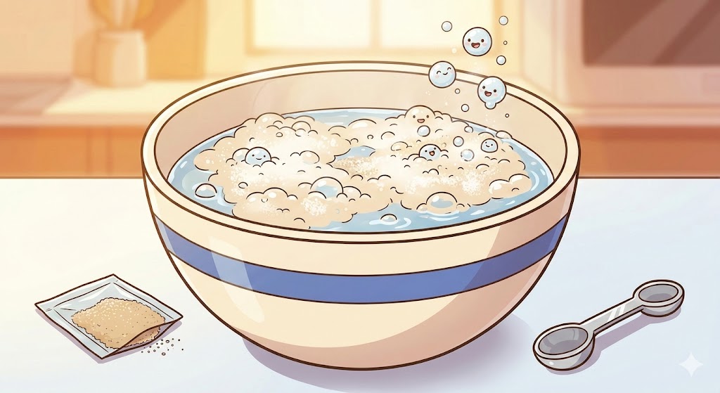 Cartoon illustration of yeast bubbling and foaming in warm water in a bowl